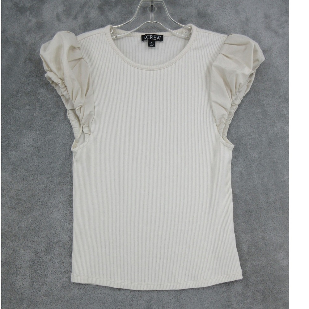 J Crew Top Womens Size Large Ivory Ribbed Puff Sleeve Stretch Feminine Romantic